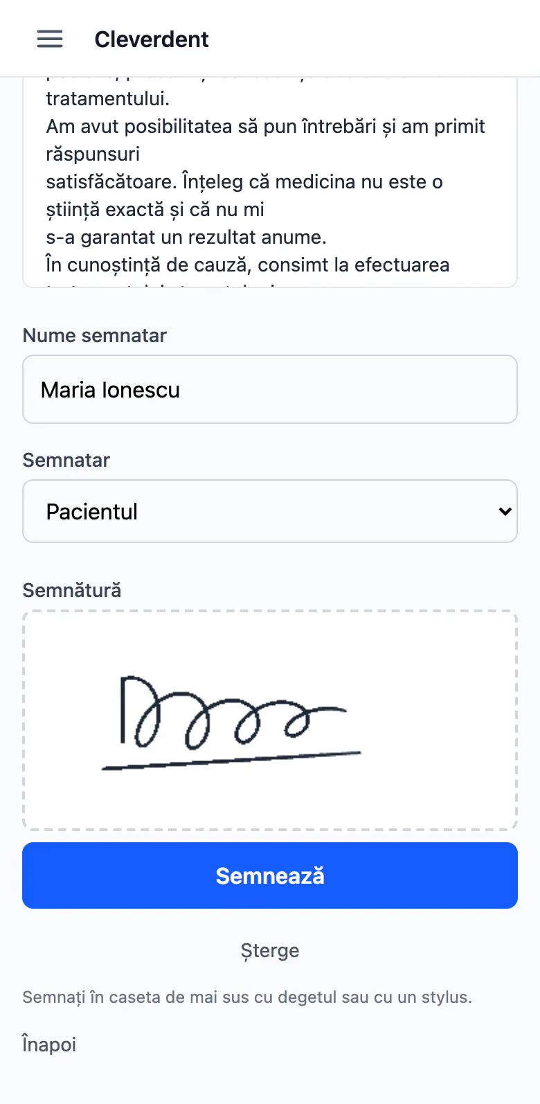 Formularul de consimțământ informat pentru tratament stomatologic, pe telefon, cu numele pacientului completat și semnătura făcută cu degetul.