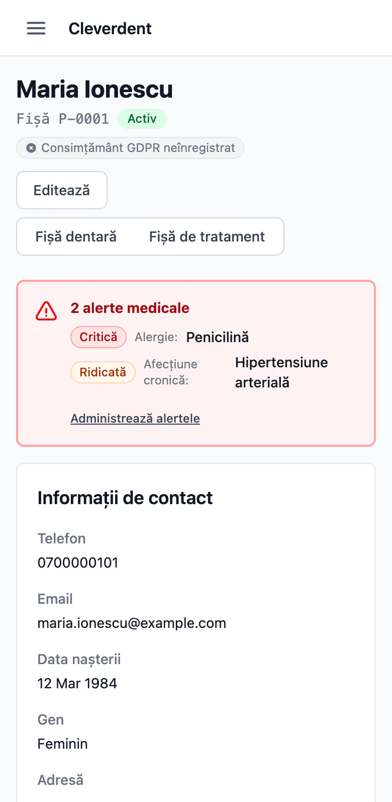 Fișa unui pacient de test, pe telefon. Sus, pe fond roșu, două alerte medicale: alergie la penicilină și hipertensiune arterială. Dedesubt, datele de contact.