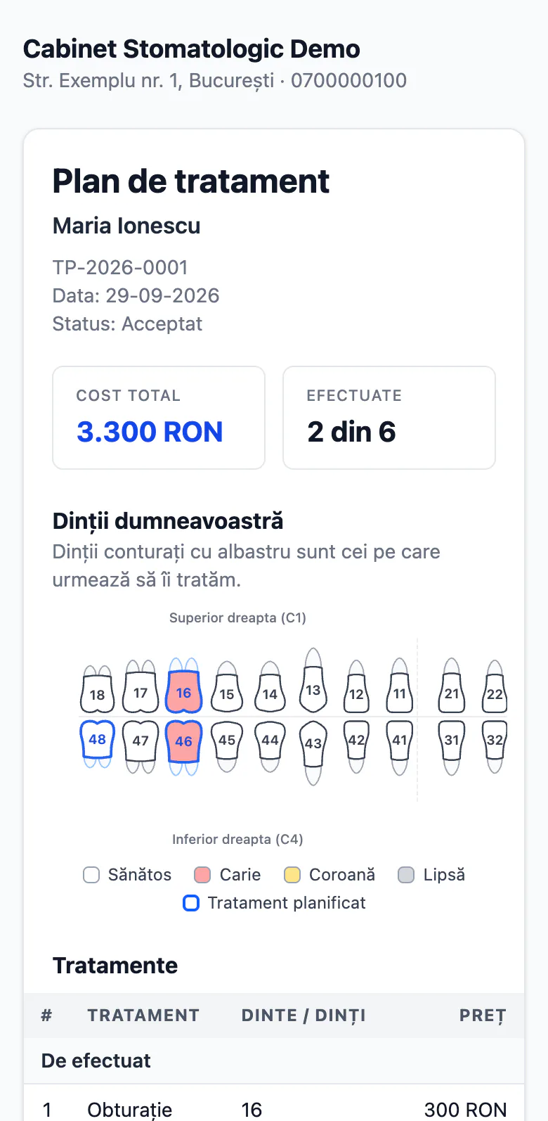 Planul de tratament așa cum îl vede pacientul pe telefon: costul total de 3.300 de lei, două tratamente efectuate din șase și schema dentară cu dinții care urmează să fie tratați.
